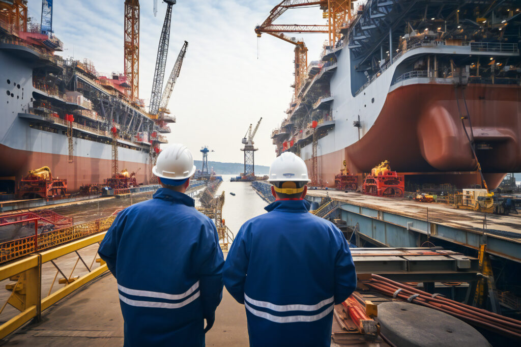 Big ship under construction in shipyard with shipyard workers around